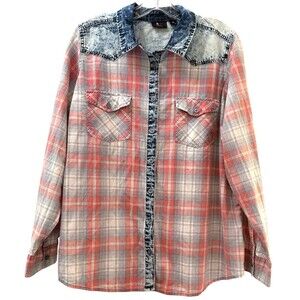 ALC Woman Button Up Collared Shirt Plus Size 1X Multicolor Mixed Plaid Denim Top